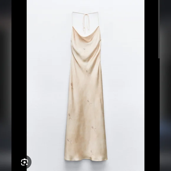 Zara Satiny Floral Print Open Back Elegant Cream Maxi Dress - Picture 3 of 3